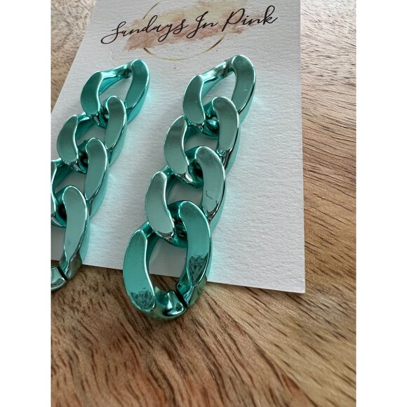 TEAL Aqua Metallic Chain Link Earrings NEW - Picture 3 of 3